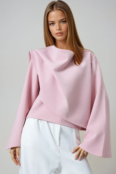 Trend Alaçatı Stili Women's Pink Crew Neck Self-Shawl Detailed Wide Cut Design Blouse Alc-X14420
