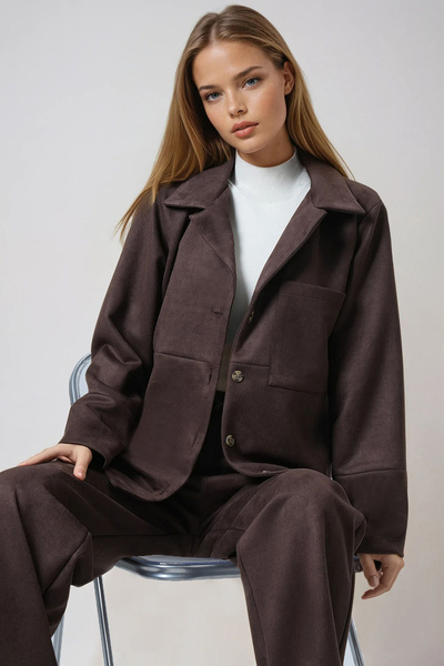 Trend Alaçatı Stili Women's Bitter Brown Single Pocket Stitching Detail Faux Suede Jacket Alc-X14404