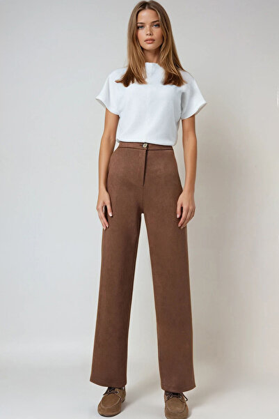 Trend Alaçatı Stili Women's Cinnamon Brown Double Pocket Elastic Waist Faux Suede Palazzo Pants ALC-X14406