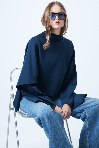 Trend Alaçatı Stili Women's Light Navy Crew Neck Self-Shawl Detailed Wide Cut Design Blouse Alc-X14420