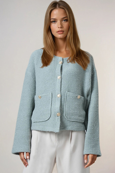 Trend Alaçatı Stili Wassergrüne Damen-Strickjacke mit zwei Taschen und goldenen Knöpfen, ALC-X14671