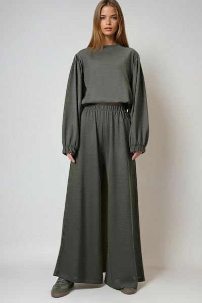 Trend Alaçatı Stili Women's Khaki Balloon Sleeve Elastic Waist Blouse and Double Pocket Pants Set Alc-X14675