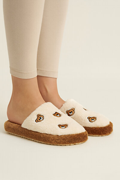 Beyond Women's Brown Teddy Bear Embroidered Plush House Slippers Byndfkb02