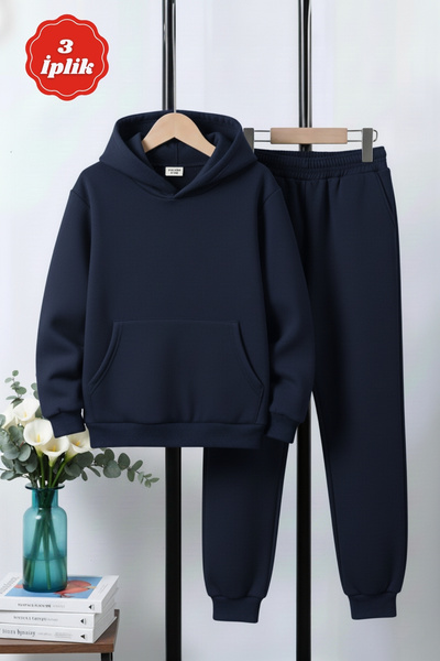 FYK KİDS 3 Yarn Thick Winter Kangaroo Pocket Hooded Boys' Tracksuit Set
