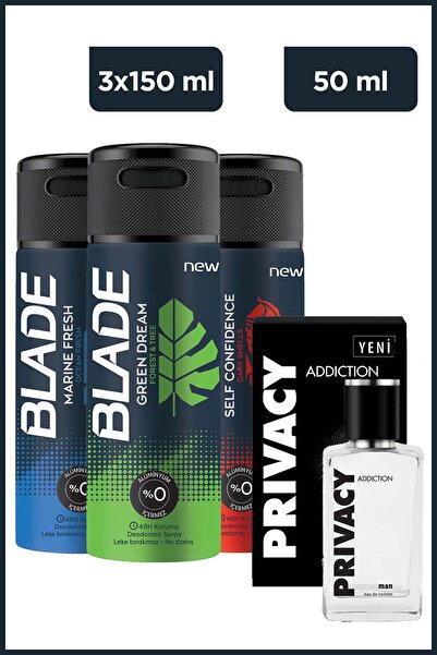 Privacy Addiction Men Edt 50 Ml&Blade Green Dream,MarineFresh,Self Confidence Erkek Deodorant 3x150Ml