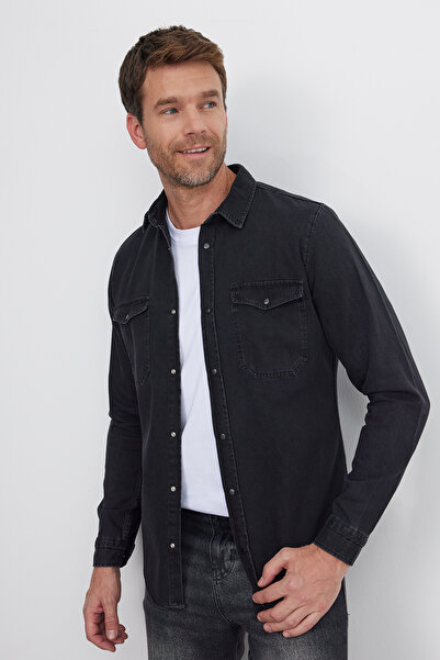 Tudors Чоловічі джинси з вузьким вирізом з довгим рукавом з джинсової тканини з подвійною кишенею на блискавці чорна сорочка