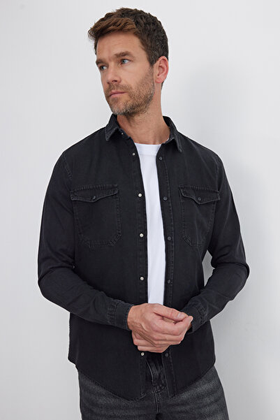 Tudors Чоловічі джинси з вузьким вирізом з довгим рукавом з джинсової тканини з подвійною кишенею на блискавці чорна сорочка