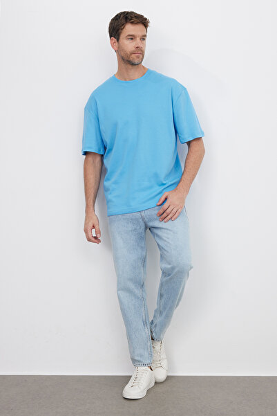 Tudors Unisex Oversize Wide Cut 100% Cotton Soft Textured Basic Crew Neck Blue T-Shirt