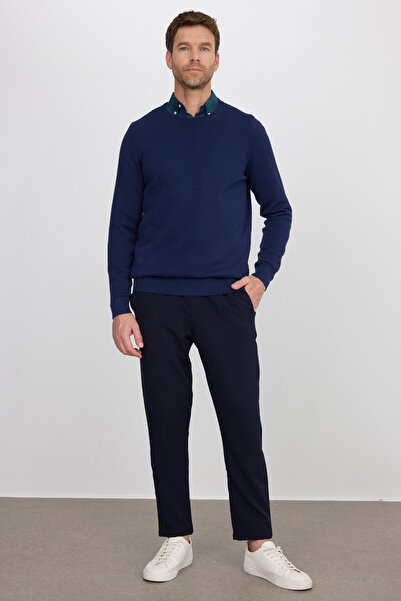 Tudors Erkek Standart Fit Normal Kesim Bisiklet Yaka Petek Desenli Lacivert Triko Kazak