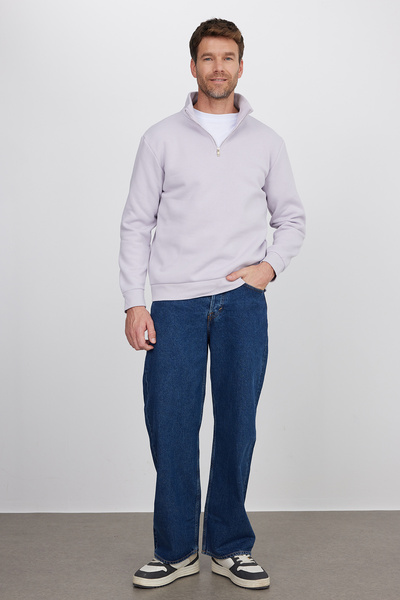 Tudors Φούτερ Unisex Relax Fit Άνετο Κομμένο Βαμβακερό Φλις με μισό φερμουάρ και όρθιο γιακά σε λιλά χρώμα