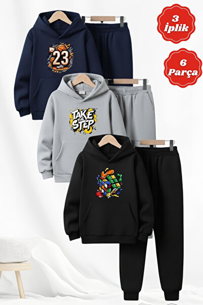 FYK KİDS Σετ αθλητικής φόρμας για αγόρια 3 İplik Ş επένδυση fleece Winter Print Detailed Kangaroo Pocket K με κουκούλα 6 τεμαχίων