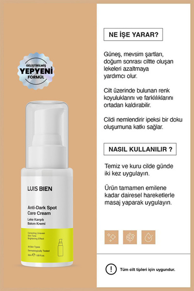 Luis Bien Leke Karşıtı Yüz Kremi 50 ml – Ton Eşitleyici, Aydınlatıcı & Nemlendirici | Nemlendirici Krem | Gece Kremi | Gündüz Kremi | Kırışıklık Kremi | Bariyer Kremi | Cilt Bakım Kremi
