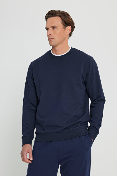 AC&Co / Altınyıldız Classics Мъжки тъмносин стандартен суитшърт с обикновена кройка и 2 нишки от памук с кръгло деколте