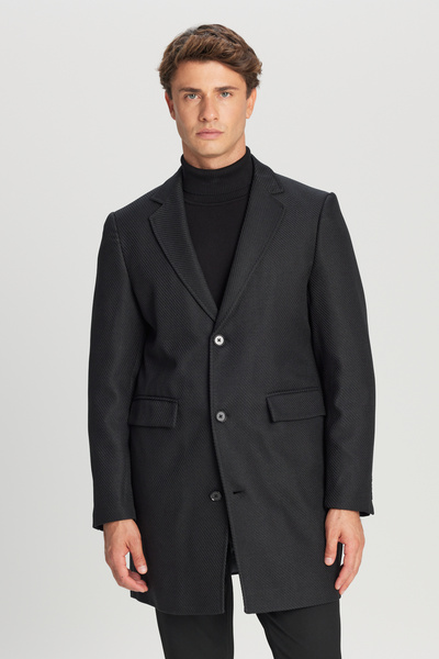 AC&Co / Altınyıldız Classics Men's Black Standard Fit Regular Cut Mono Collar Dobby Coat with Flap Pockets