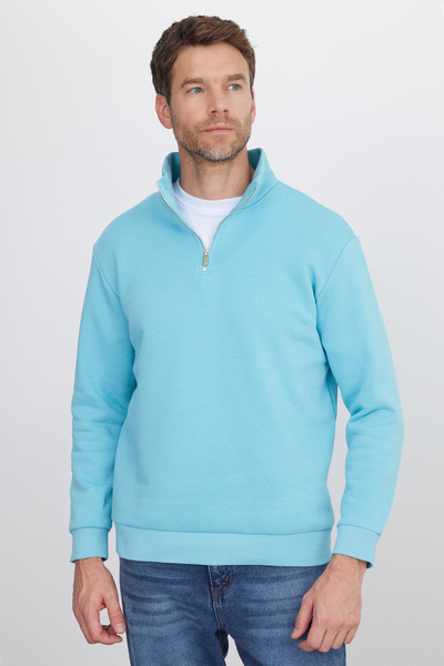 Tudors Φούτερ Unisex Relax Fit Άνετο Κομμένο Βαμβακερό Φλις με μισό φερμουάρ Ανοιχτό Μπλε Φούτερ με όρθιο γιακά