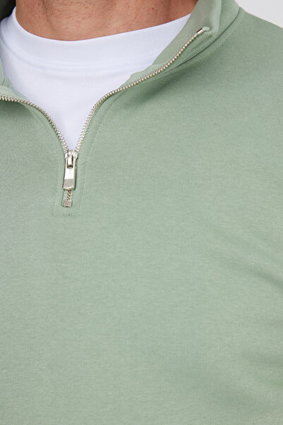 Tudors Φούτερ Unisex Relax Fit Άνετο Κομμένο Βαμβακερό Φλις με μισό φερμουάρ και πράσινο γιακά