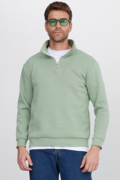 Tudors Φούτερ Unisex Relax Fit Άνετο Κομμένο Βαμβακερό Φλις με μισό φερμουάρ και πράσινο γιακά