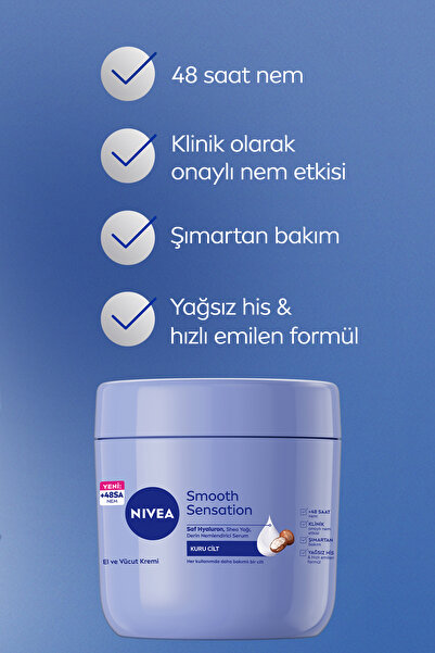NIVEA Smooth Sensation El ve Vücut Bakım Kremi 400ml, Kuru Ciltler İçin 48 Saat Nemlendirici