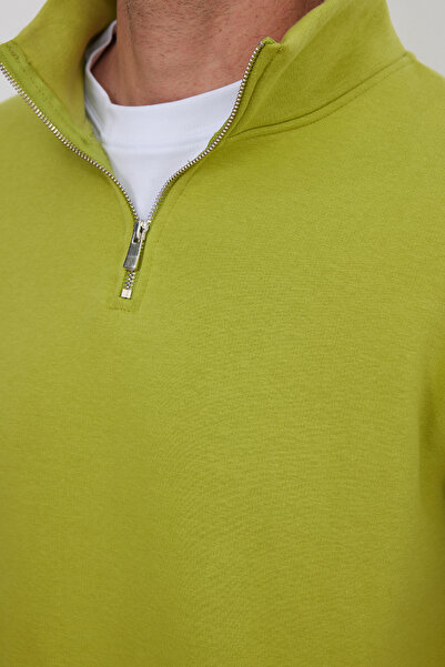 Tudors Unisex relax fit comfortable cut cotton fleece lined half zip green high neck sweatshirt