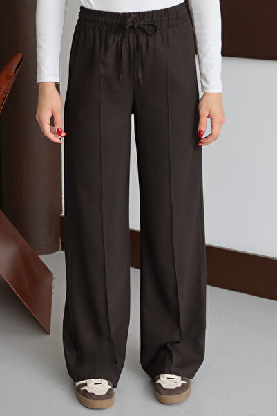 Trendyol Collection Hnědé žebrované široké kalhoty s dlouhým střihem TWOAW26PL00111