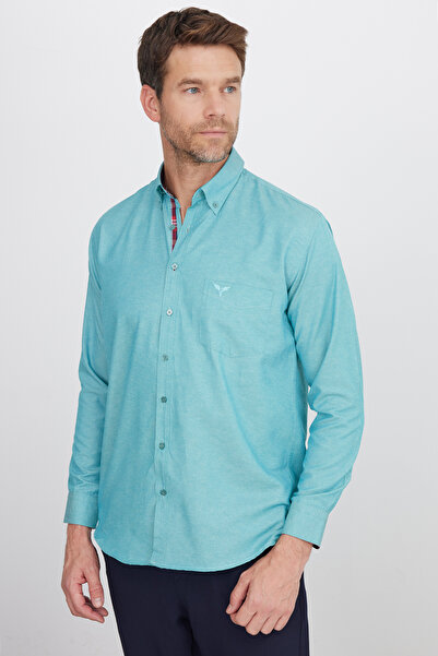 Tudors Men's Classic Fit - Cotton Texture, Single Pocket, Turquoise Button Collar Long Sleeve Shirt