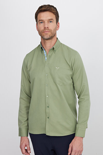 Tudors Klasik Fit Uzun Kollu Düğmeli Yaka Pamuklu Kolay Ütü Oxford Düz Erkek Gömlek