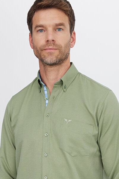 Tudors Klasik Fit Uzun Kollu Düğmeli Yaka Pamuklu Kolay Ütü Oxford Düz Erkek Gömlek