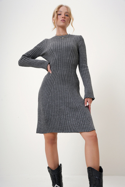 Trend Alaçatı Stili Ανθρακί Πλεκτό Φόρεμα - Crew Neck, ALC-X12748