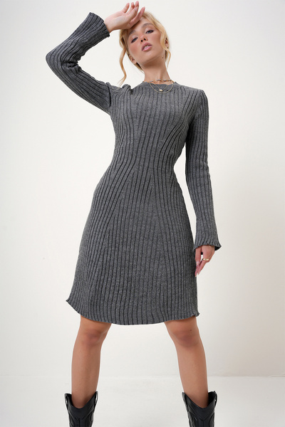 Trend Alaçatı Stili Ανθρακί Πλεκτό Φόρεμα - Crew Neck, ALC-X12748