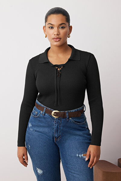 Trendyol Curve Black Polo Neck Ribbed Slim Knit Blouse Tbbaw26Af00001