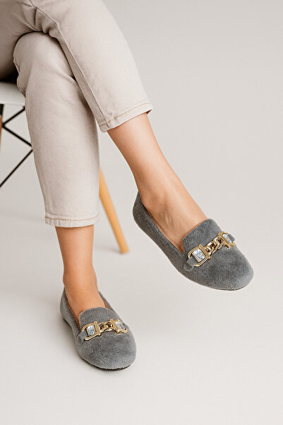 Beyond Γυναικεία παπούτσια μπαλαρίνας με γκρι πέτρινα αξεσουάρ βελούδινα BYNDVT02