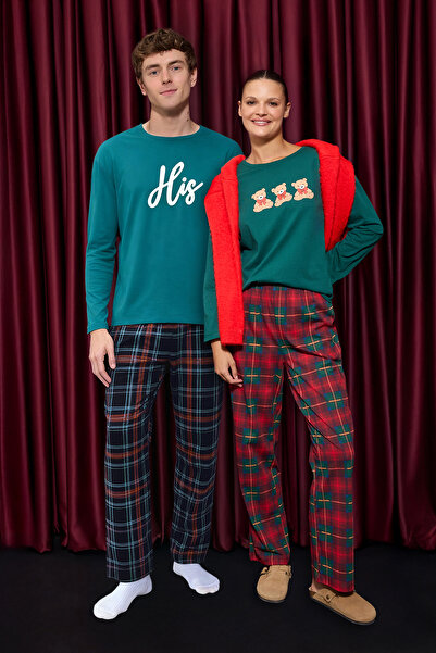 Trendyol Collection Zöld 100% pamut mackó kockás kötött pizsama szett THMAW26PT00042