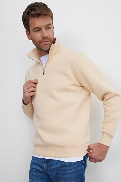 Tudors Світшот унісекс Relax Fit комфортного крою з бавовняного флісу всередині на пів-блискавці екрю з коміром-стійкою