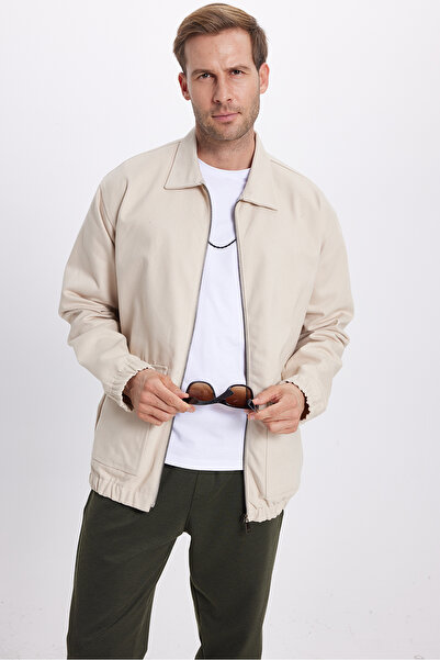 Tudors Men's Relax Fit Comfortable Cut Double Pocket Flap Zippered Elastic Waist Plain Beige Jacket Coat Shirt