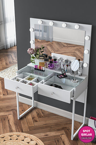 Rani Mobilya Rani BJ146 Hollywood Işıklı Aynalı Kulis Makyaj Masası 2 Çekmeceli Takı Düzenleyici Beyaz