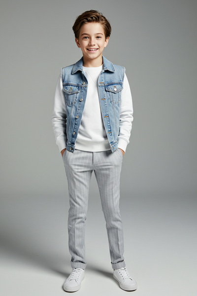 TRENDYOLKIDS Světle šedé tenké pruhované sezónní pletené kalhoty pro chlapce - Tkdaw25ea00004