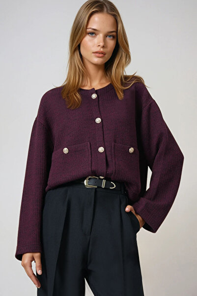 Trend Alaçatı Stili Women's Burgundy Double Pocket Gold Button Detailed Knitwear Jacket Alc-X14671