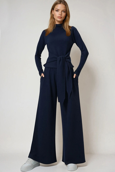 Trend Alaçatı Stili Women's Navy Blue Mock Neck Tie Detail Blouse and Double Pocket Pants Set Alc-X14678