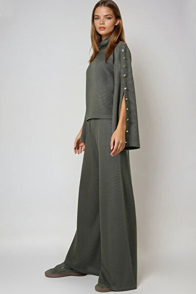 Trend Alaçatı Stili Women's Khaki Slit Sleeve Button Detailed Blouse and Pants Set Alc-X14681