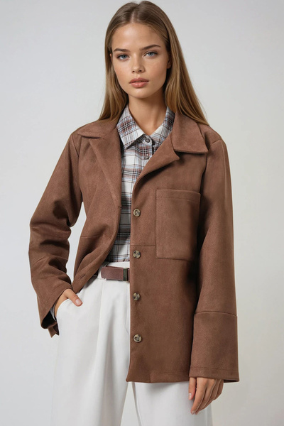 Trend Alaçatı Stili Women's Cinnamon Brown Single Pocket Stitching Detail Faux Suede Jacket Alc-X14404