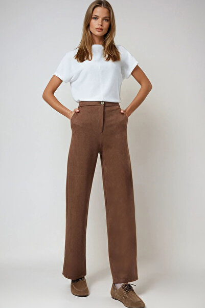 Trend Alaçatı Stili Women's Cinnamon Brown Double Pocket Elastic Waist Faux Suede Palazzo Pants ALC-X14406