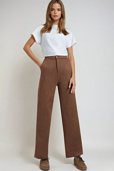 Trend Alaçatı Stili Women's Cinnamon Brown Double Pocket Elastic Waist Faux Suede Palazzo Pants ALC-X14406