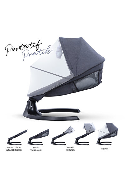 Huggy Pie Antrasit Otomatik Sallanan Bluetooth Müzikli Ana Kucağı – Yenidoğan Uyumlu