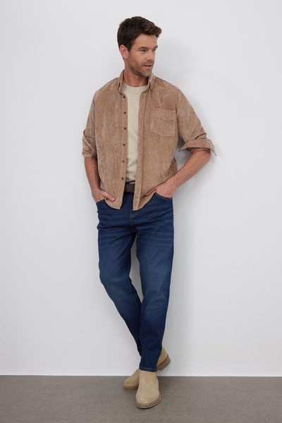 Tudors Erkek Regular Fit Rahat Kesim Fitilli Kadife Görünüm Düğmeli Yaka Açık Kahve Ceket Gömlek