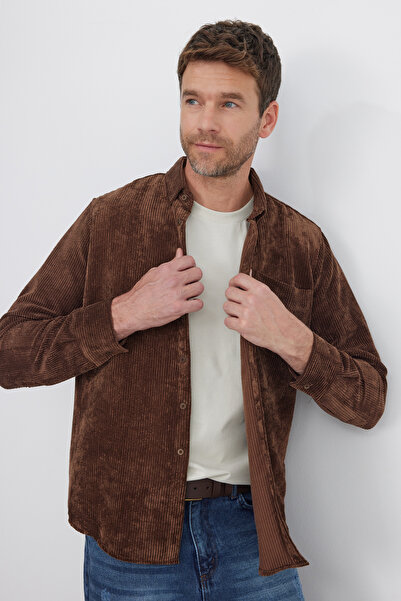 Tudors Men's Regular Fit Relaxed Cut Corded Fabric Velvet Look Buttoned Collar Dark Brown Jacket Shirt