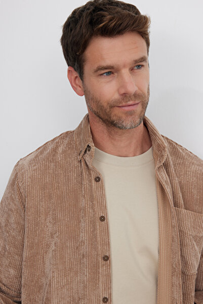 Tudors Erkek Regular Fit Rahat Kesim Fitilli Kadife Görünüm Düğmeli Yaka Açık Kahve Ceket Gömlek