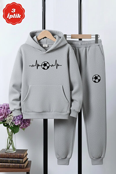 FYK KİDS 3 İplik Ş Fleece-Lined Winter Pulse Football B Printed Kangaroo Pocket K Hooded Boys' Tracksuit Set