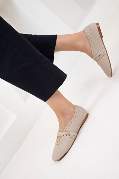 SOHO Beige Suede Genuine Leather Women's Flats 20995