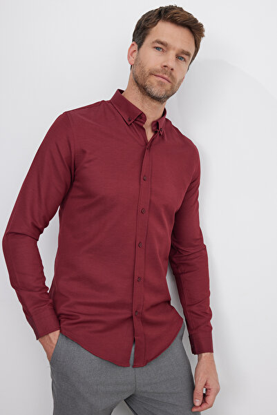 Tudors Slim Fit Uzun Kollu Düğmeli Yaka Pamuklu Kolay Ütü Düz Erkek Gömlek