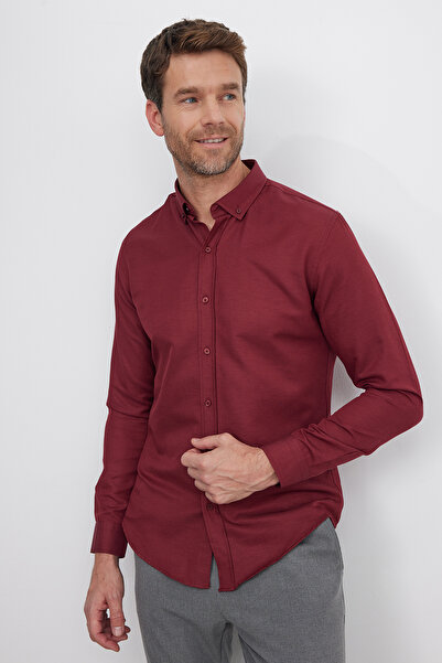 Tudors Slim Fit Uzun Kollu Düğmeli Yaka Pamuklu Kolay Ütü Düz Erkek Gömlek